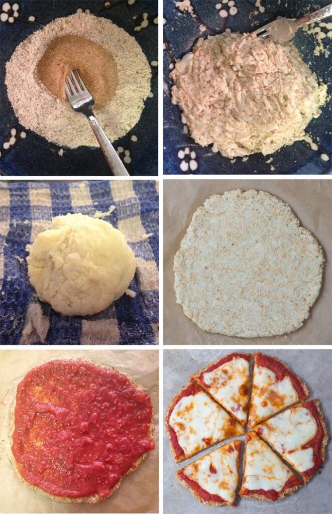 un immagine in 6 sezioni dall'impasto base alla pizza finita di cavolfiore molto simile a una pizza margherita